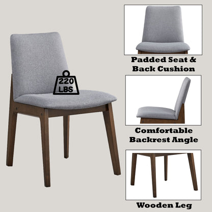 The Kaela Side Chair set (2) in light gray features padded seat and back cushions, sturdy wooden legs, 220 lbs weight capacity; side images showcase cushion details, backrest angle, and wood leg design.