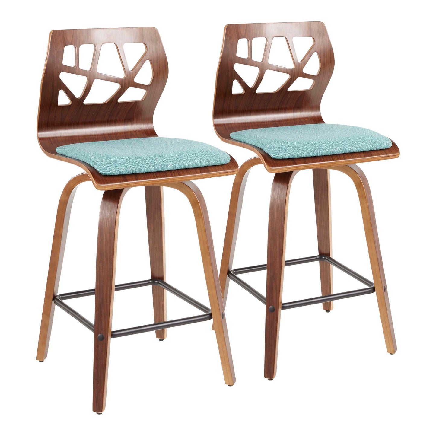 Set of 2 Folia Mid Century Modern counter stools with wooden frames, geometric cut-out backrests, angled legs, metal footrests, and light blue cushioned swivel seats.