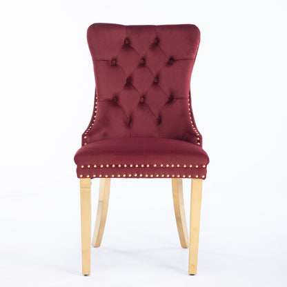 The Nikki set includes two modern, high-end velvet dining chairs with tufted backs, nailhead trim, and golden stainless steel-plated legs, shown against a plain white background.