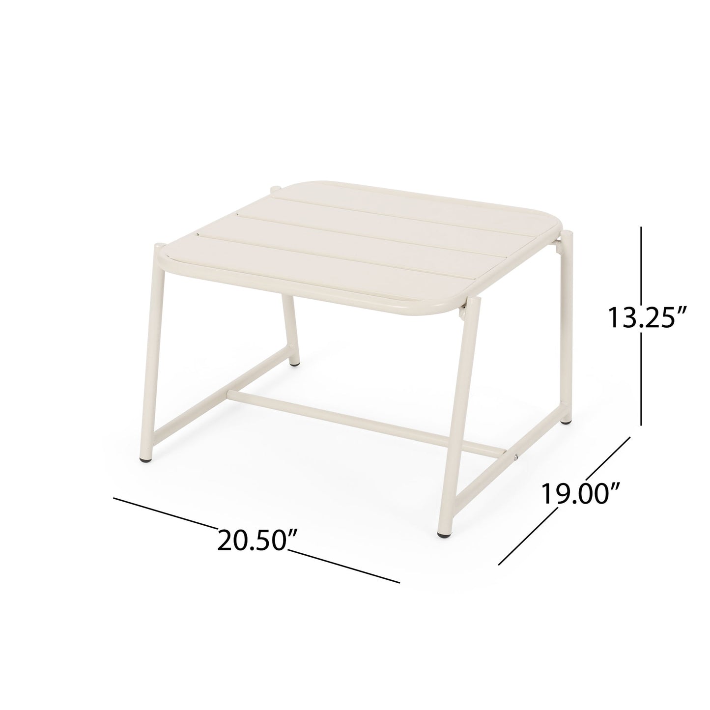 The Conrad - Side Table Outdoor is a small, white metal table with a slatted top and angled legs, measuring 20.50"W x 19.00"D x 13.25"H.