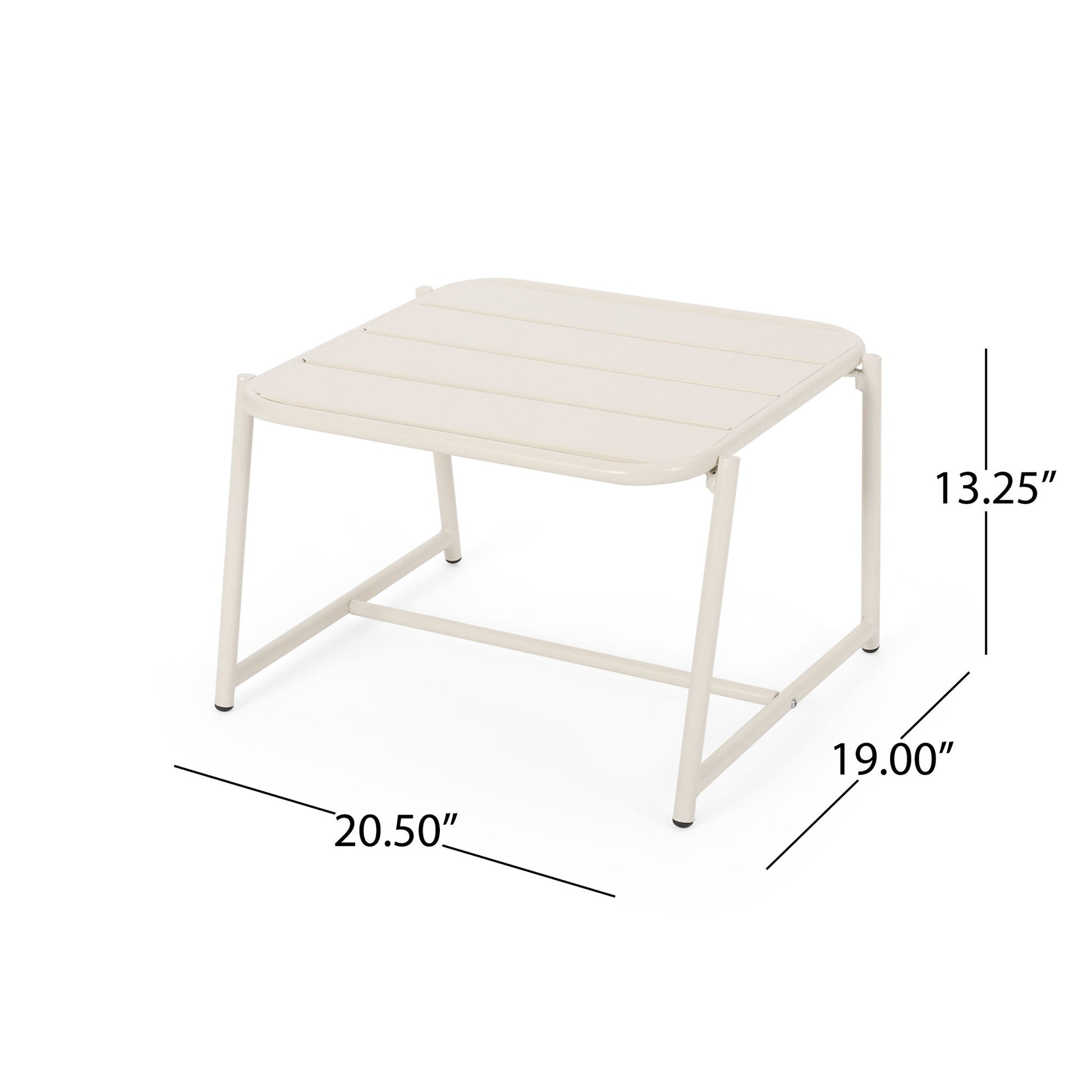 The Conrad - Side Table Outdoor is a small, white metal table with a slatted top and angled legs, measuring 20.50"W x 19.00"D x 13.25"H.