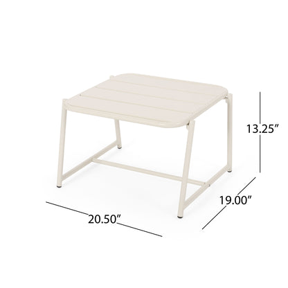 The Conrad - Side Table Outdoor is a small, white metal table with a slatted top and angled legs, measuring 20.50"W x 19.00"D x 13.25"H.