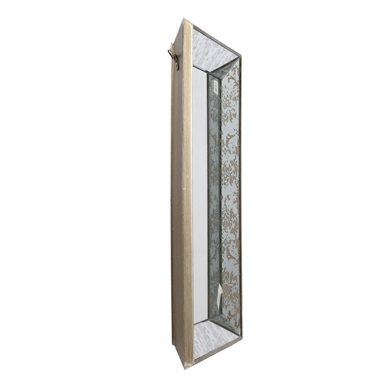 The Antique Rectangle Mirror With Floral Accents features a tall, narrow rectangular shape with a wooden frame and an interior side panel decorated with delicate floral patterns. The mirror door is partially angled away from view.
