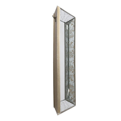 The Antique Rectangle Mirror With Floral Accents features a tall, narrow rectangular shape with a wooden frame and an interior side panel decorated with delicate floral patterns. The mirror door is partially angled away from view.