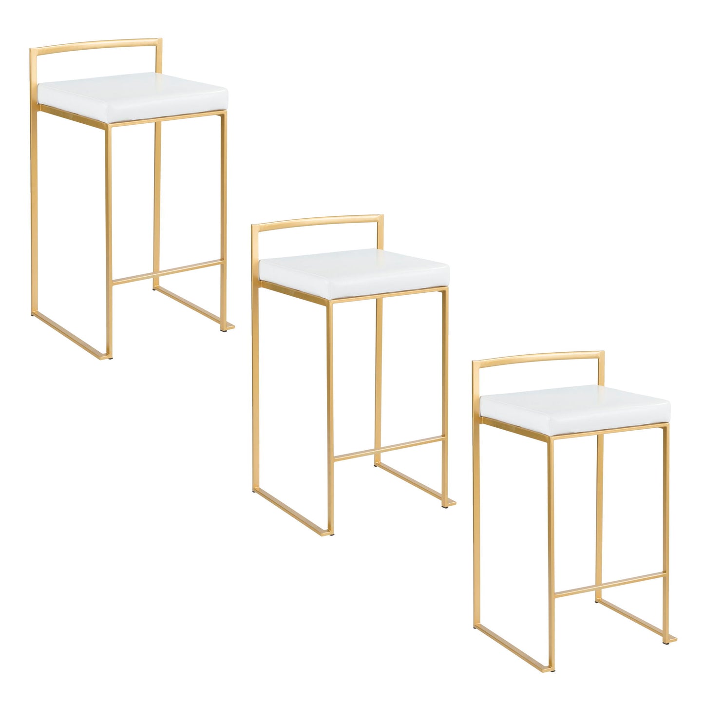 A set of two Fuji Contemporary/Glam Design Counter Stools featuring gold metal frames and white cushioned seats, displayed in a stylish arrangement on a white background.