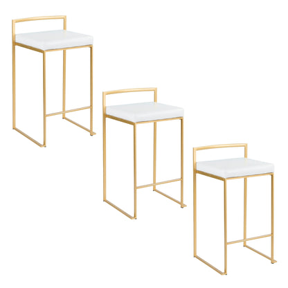 A set of two Fuji Contemporary/Glam Design Counter Stools featuring gold metal frames and white cushioned seats, displayed in a stylish arrangement on a white background.