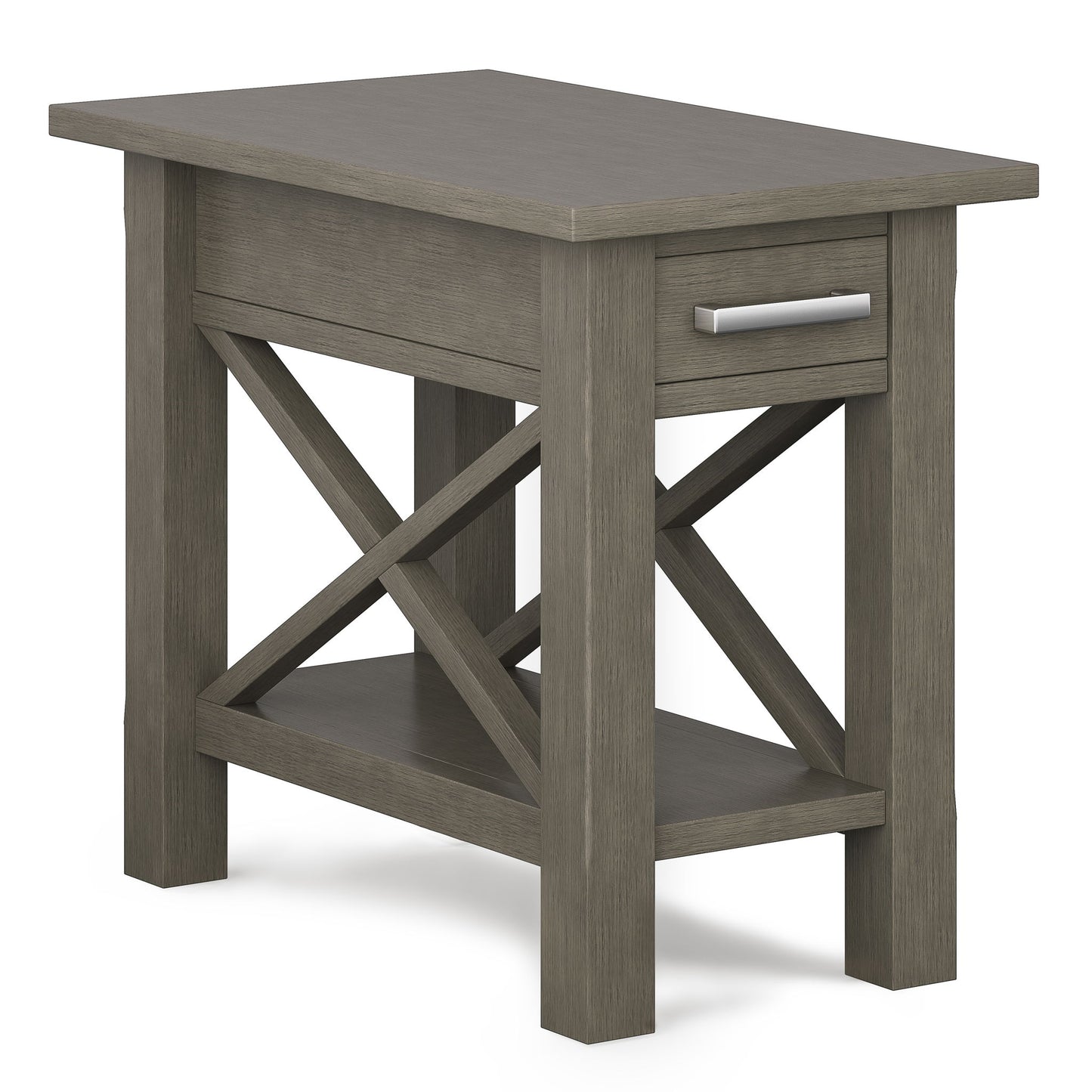 The Kitchener - Handcrafted Table is a wooden side table with a grayish finish, single drawer with silver handle, X-shaped supports, and a lower shelf.
