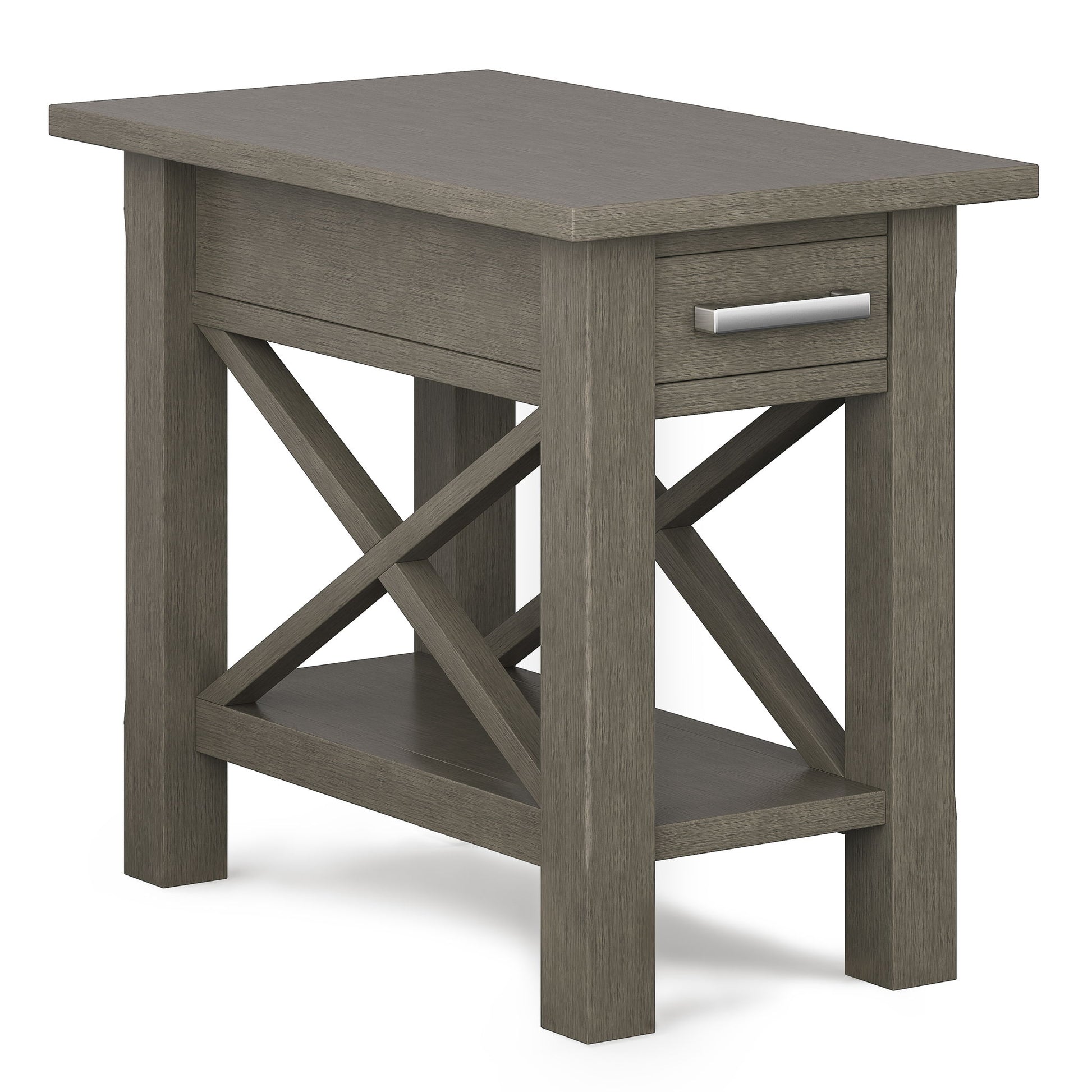 The Kitchener - Handcrafted Table is a wooden side table with a grayish finish, single drawer with silver handle, X-shaped supports, and a lower shelf.