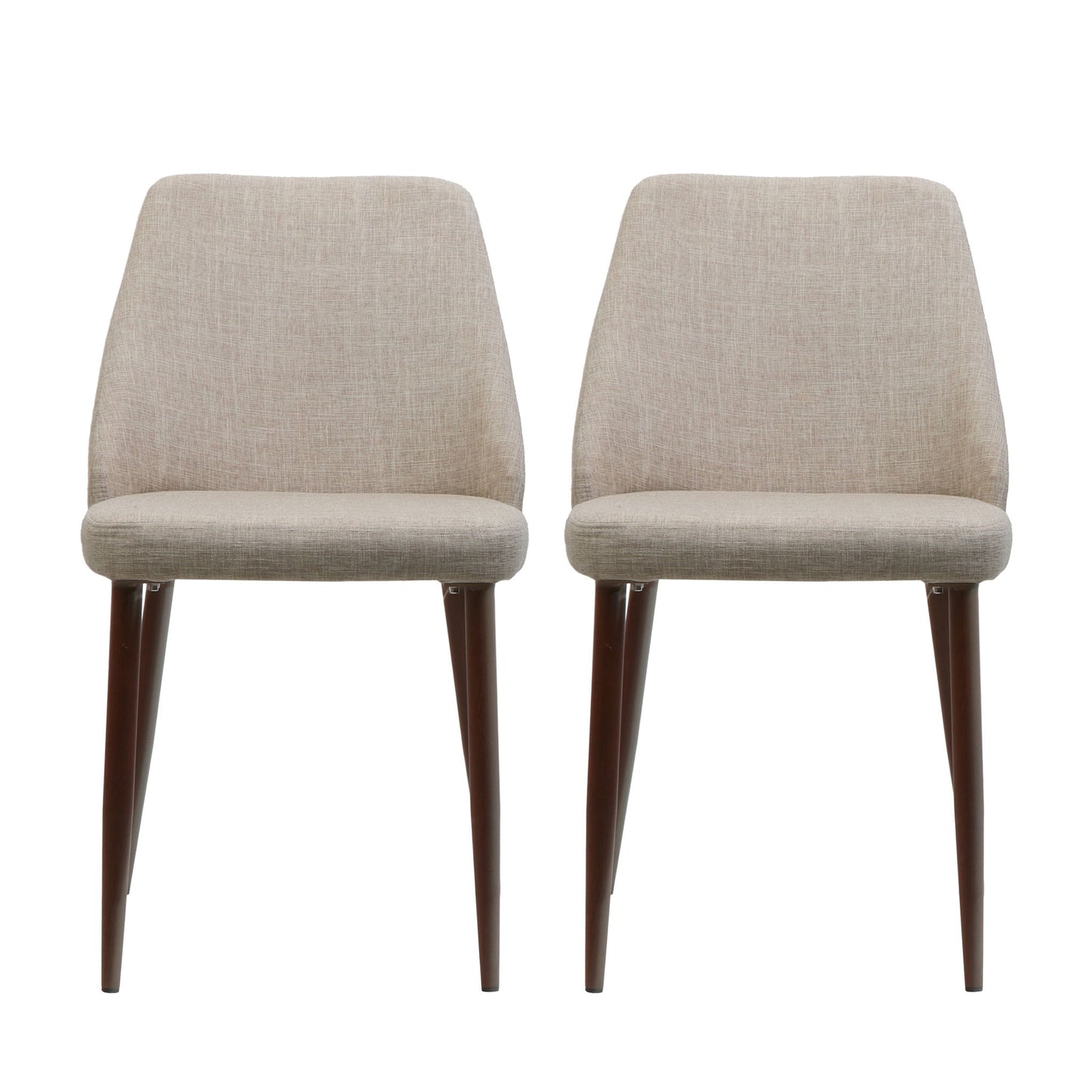 Two identical Modern Dining Chairs with light beige fabric seats and backs and stylish iron legs with a wood finish, shown side by side against a white background.