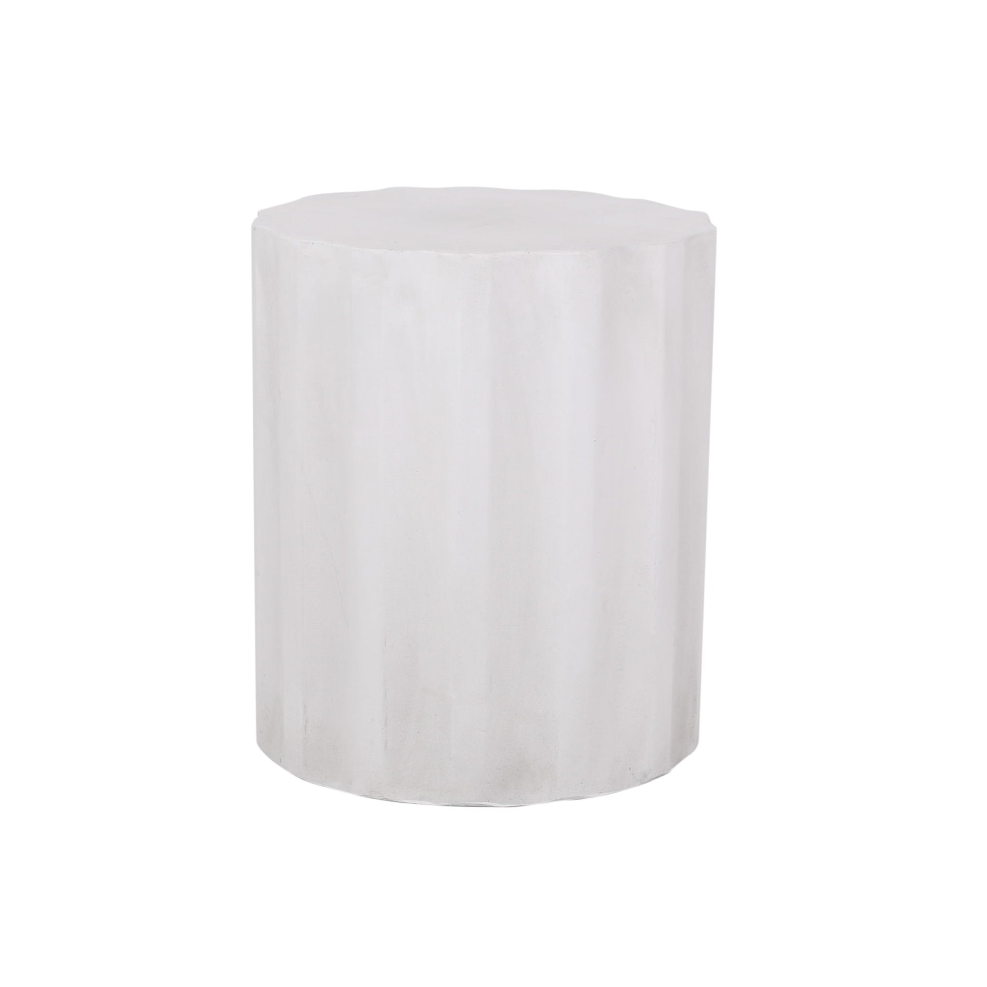 The Outdoor End Table With Soft Wave Edge in Antique White features a round, fluted design with a smooth top and subtle vertical grooves, shown against a plain white background.