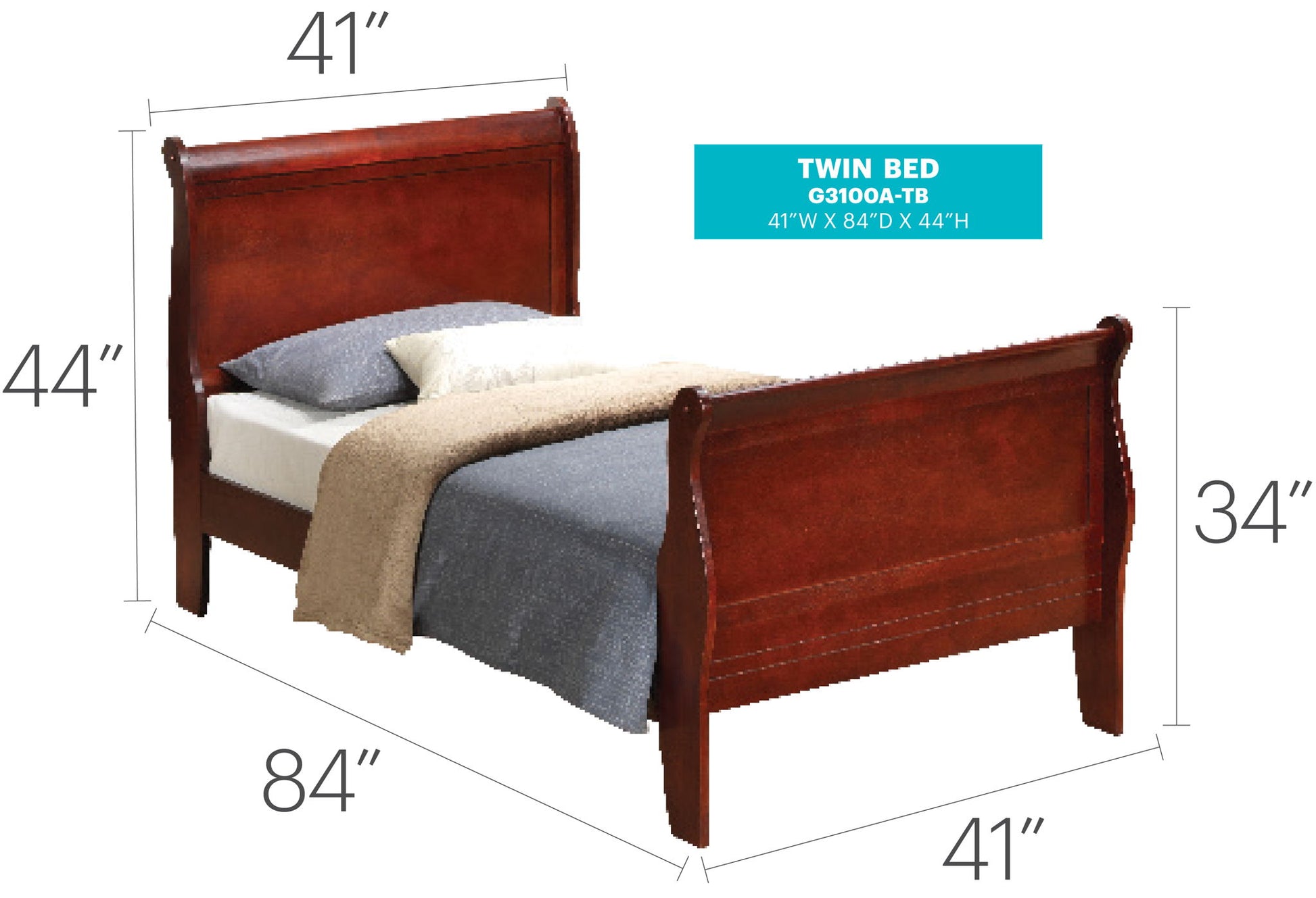 The Panel Sleigh Bed is a wooden twin bed with a dark finish, shown with bedding and pillows. It measures 41"W x 84"L, stands 44"H at the headboard and 34"H at the footboard. Model: G3100A-TB.