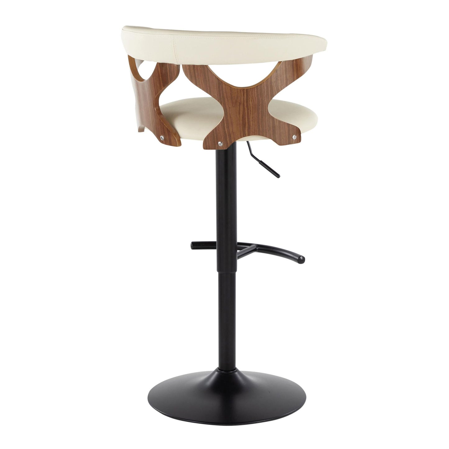 The Gardenia Contemporary Adjustable Barstool (Set of 2) features a black metal base, swivel design, rounded T footrest, adjustable height lever, and a round cream fabric seat with wood-accented backrest.