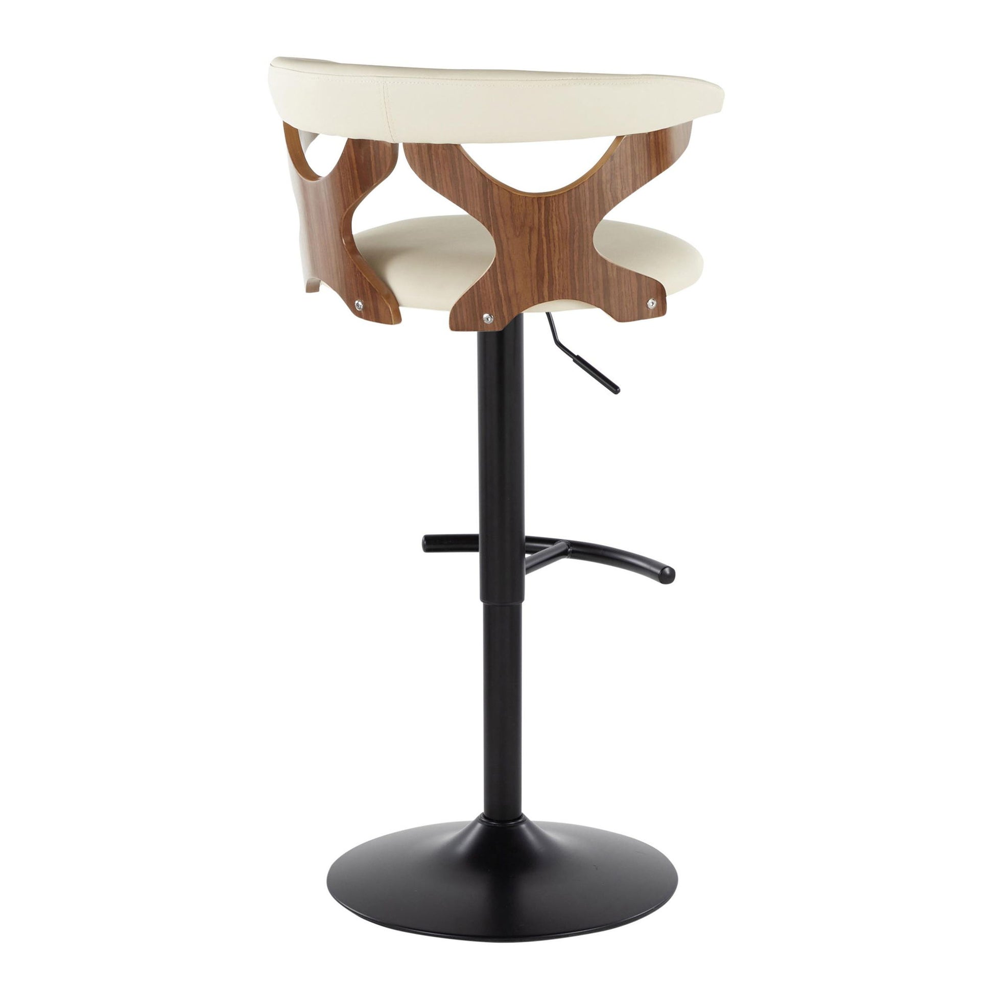 The Gardenia Contemporary Adjustable Barstool (Set of 2) features a black metal base, swivel design, rounded T footrest, adjustable height lever, and a round cream fabric seat with wood-accented backrest.