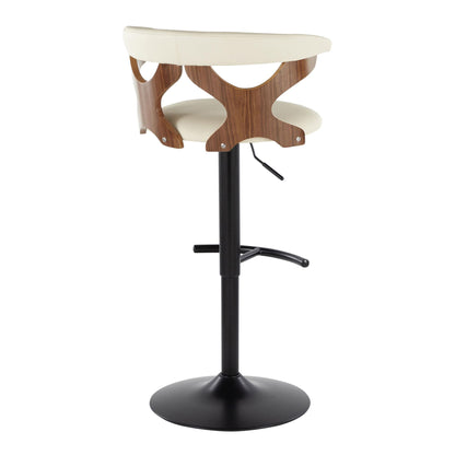 The Gardenia Contemporary Adjustable Barstool (Set of 2) features a black metal base, swivel design, rounded T footrest, adjustable height lever, and a round cream fabric seat with wood-accented backrest.