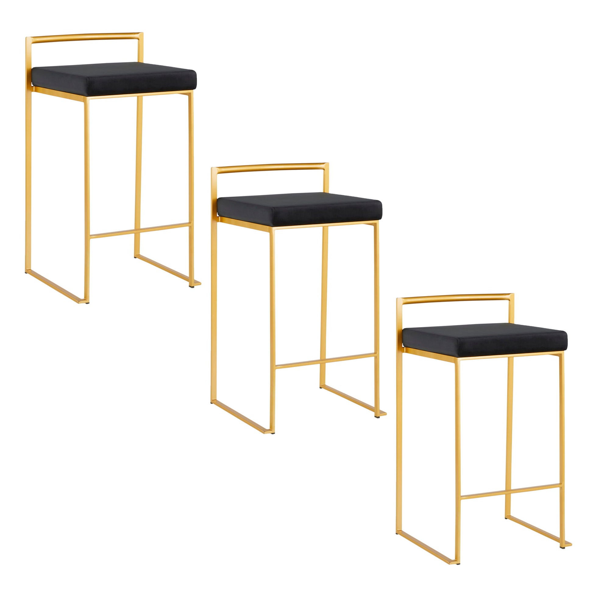 A set of two Fuji Contemporary/Glam Design Counter Stools with gold metal frames, black cushioned seats, and low backrests are arranged in a staggered formation on a white background.