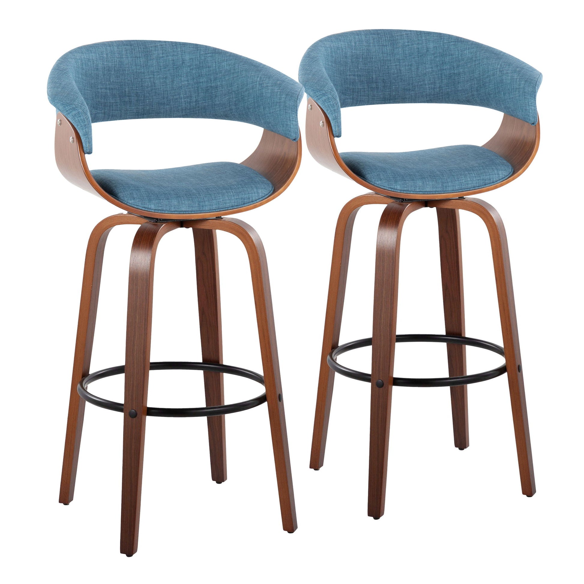 Set of 2 Vintage Mod mid-century modern barstools feature curved wooden frames, blue cushioned seats and backs, swivel design, and round metal footrests, shown side by side against a white background.
