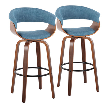 Set of 2 Vintage Mod mid-century modern barstools feature curved wooden frames, blue cushioned seats and backs, swivel design, and round metal footrests, shown side by side against a white background.