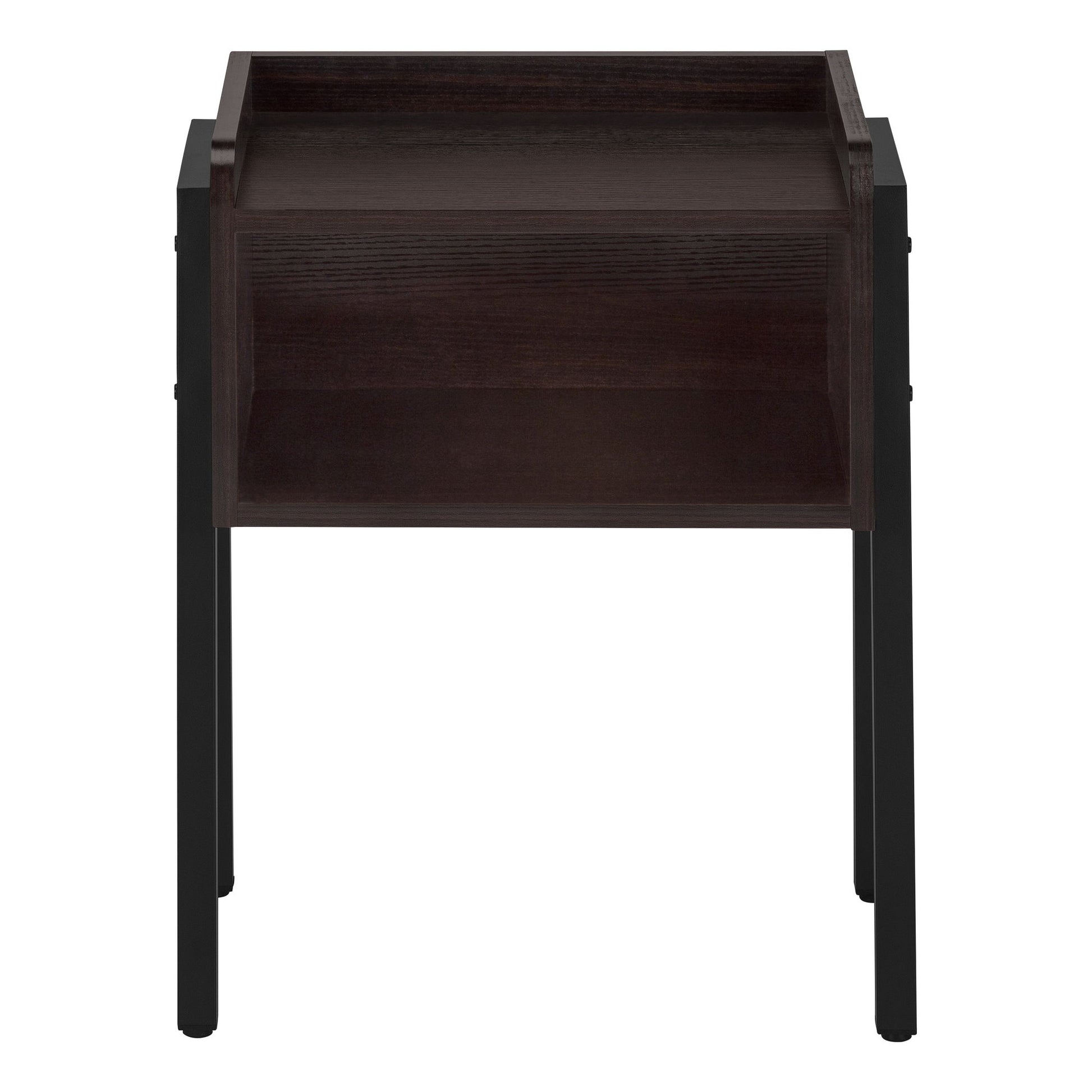 A contemporary Accent Table with a dark brown wooden finish, single open shelf, and four black legs, viewed from the front against a white background.