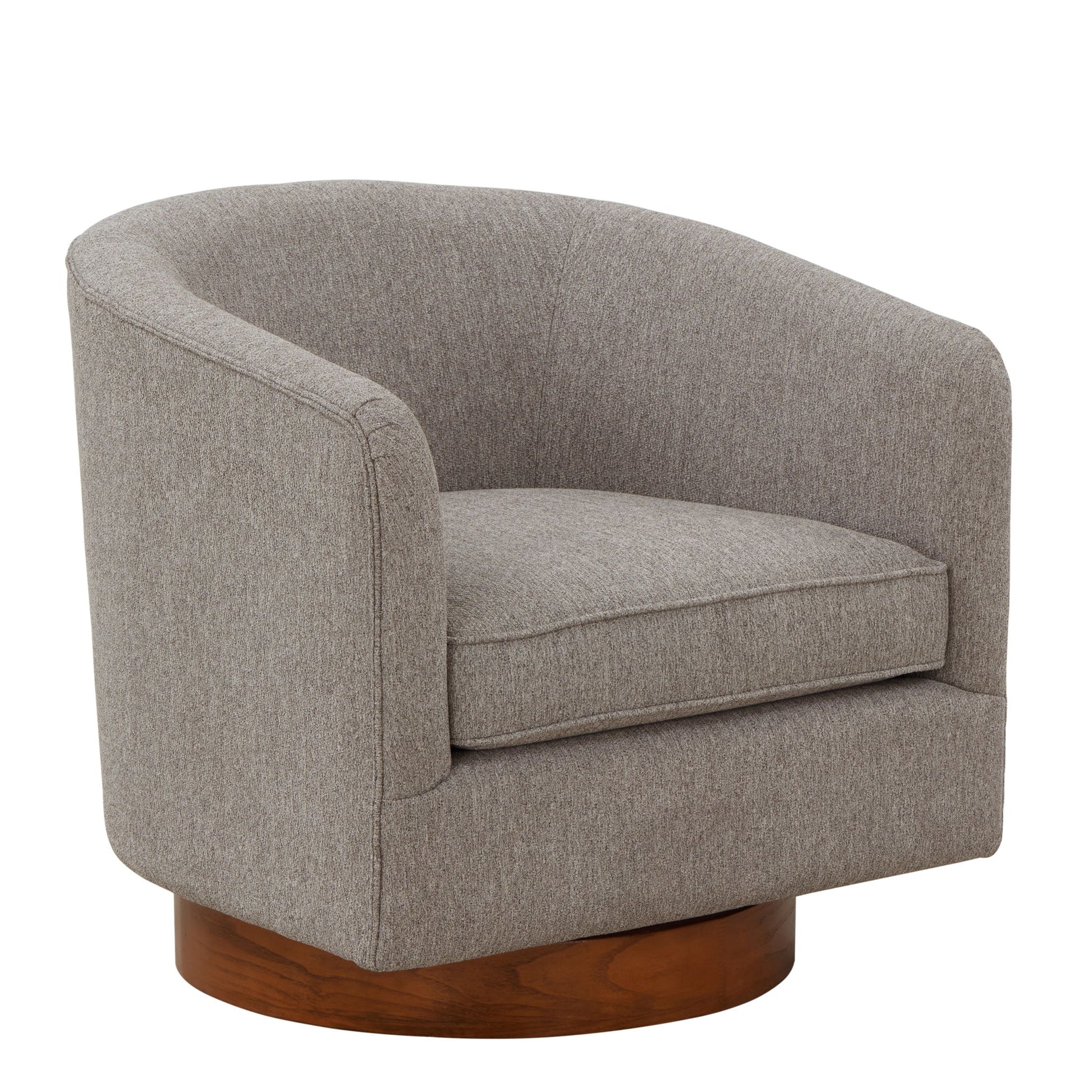 The Miramar Swivel Barrel Chair features a modern gray upholstered design, curved backrest, wide seat cushion, and a circular wooden base.