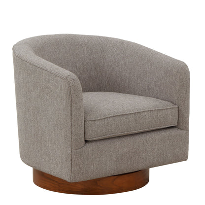 The Miramar Swivel Barrel Chair features a modern gray upholstered design, curved backrest, wide seat cushion, and a circular wooden base.