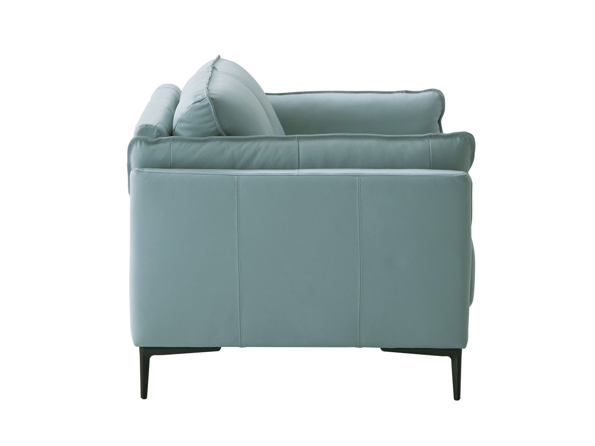 Side view of the Mesut Top Grain Leather Loveseat in sage green, featuring plush cushions, sleek lines, and thin black legs, set against a white background.