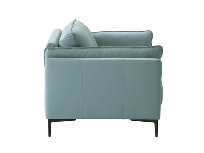 Side view of the Mesut Top Grain Leather Loveseat in sage green, featuring plush cushions, sleek lines, and thin black legs, set against a white background.