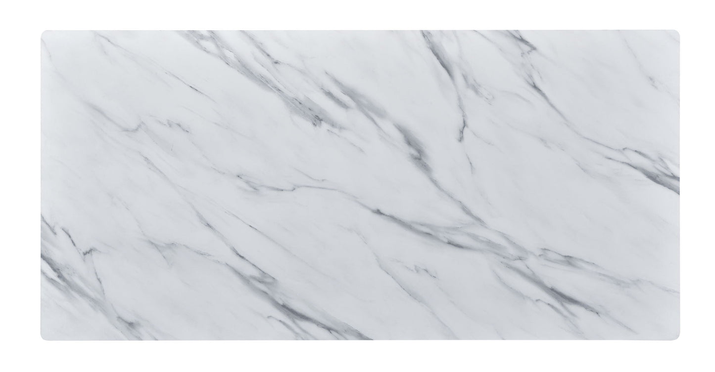 The Landon Coffee Table features a rectangular glass top with a white background and gray marble-like veining, set on a stylish bent wood base for a modern look.