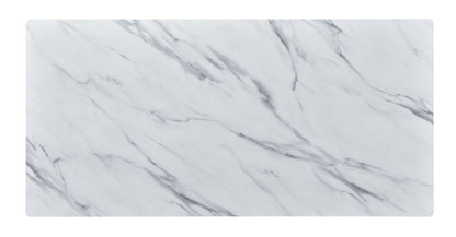 The Landon Coffee Table features a rectangular glass top with a white background and gray marble-like veining, set on a stylish bent wood base for a modern look.