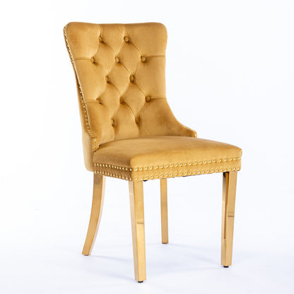 The Nikki chair is a modern, high-end velvet upholstered dining chair with a tufted back, nailhead trim, and golden stainless steel-plated legs, shown against a plain white background.
