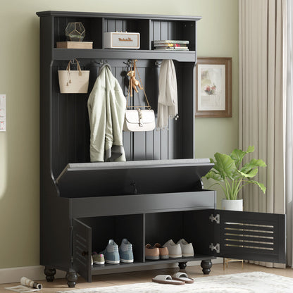 A 5 in 1 entryway bench with shutter-shaped doors, coat rack, cushioned seat, and 4 sturdy hooks offers open storage and bottom cubbies for shoes. Nearby are a potted plant and framed artwork. Perfect for hallway or living room organization.