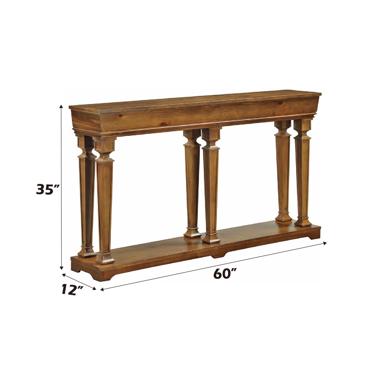 The Garrison - Wooden Console Table features a rectangular design with four column-style legs, a lower base, and measures 35" high, 60" wide, and 12" deep.