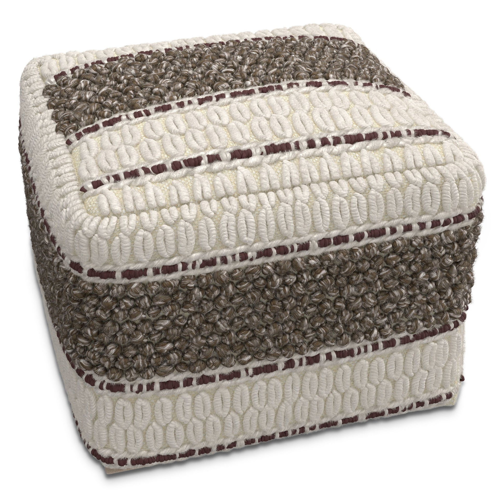 The Grady - Handcrafted Square Pouf features a square shape with alternating cream and brown woven bands and raised, looped textures for a tactile look.