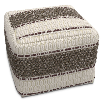 The Grady - Handcrafted Square Pouf features a square shape with alternating cream and brown woven bands and raised, looped textures for a tactile look.