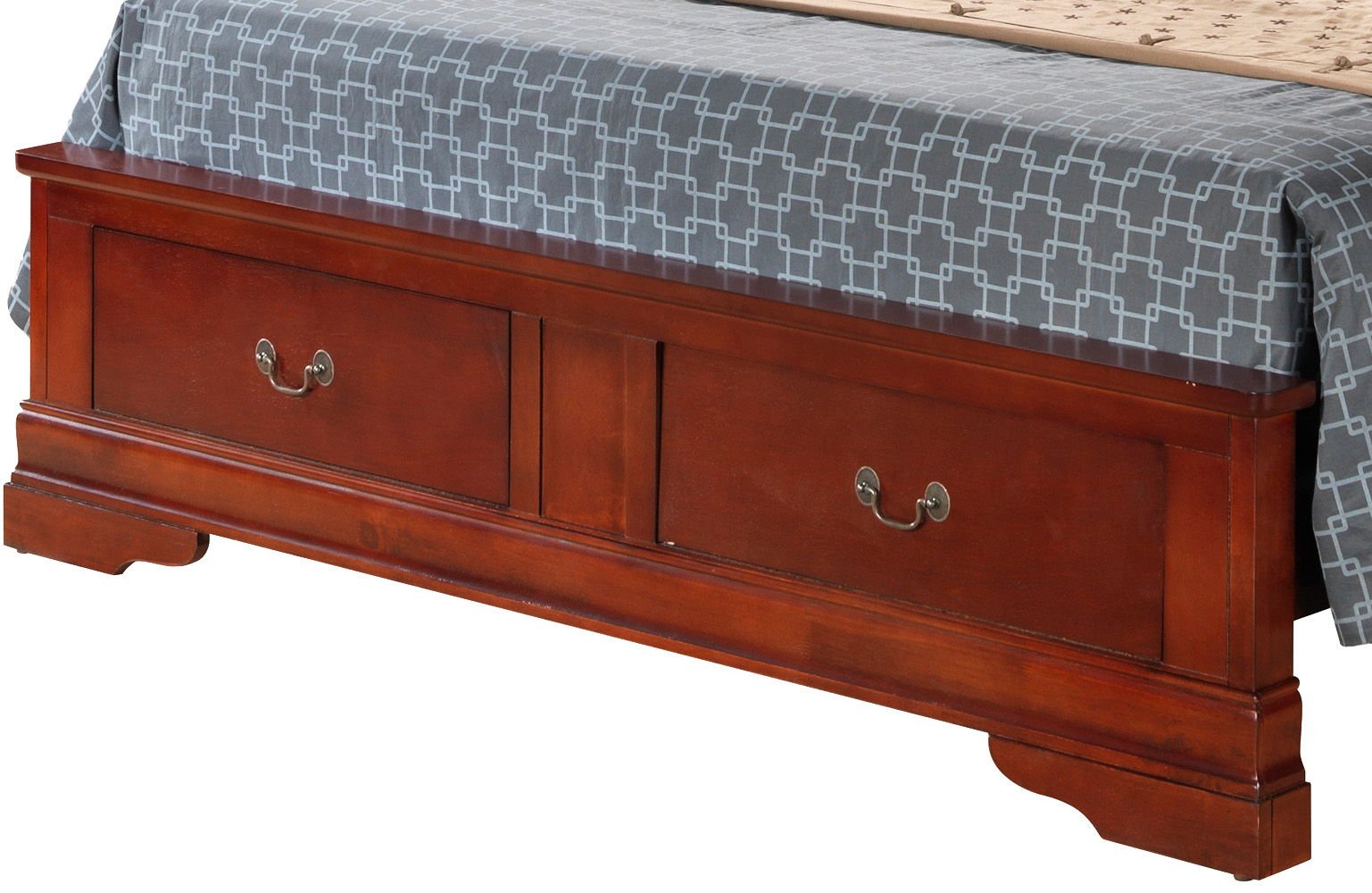 The Louis Phillipe - Storage Bed features two drawers with metal handles and sits at the foot of a bed adorned with a gray and white geometric patterned blanket.