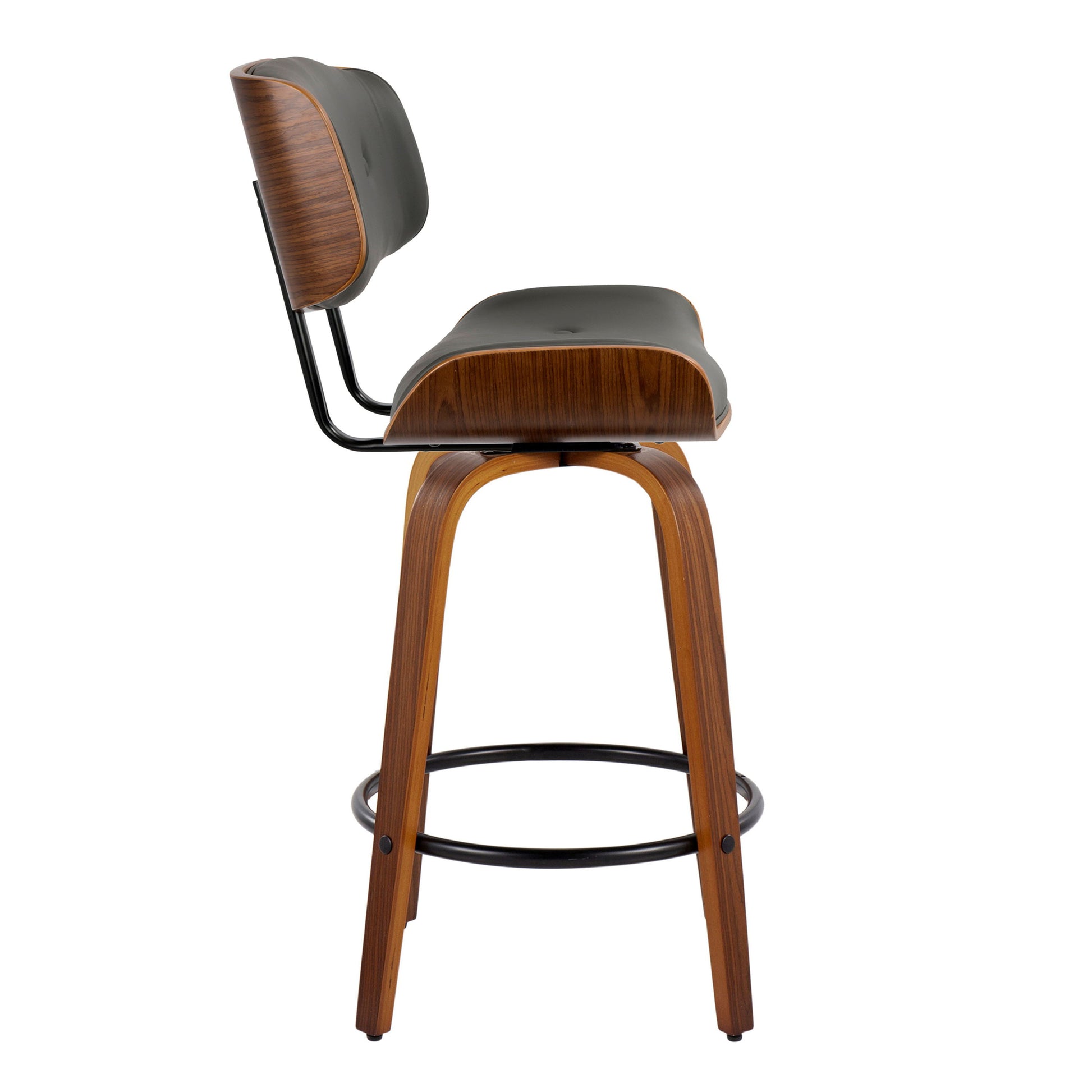 Side view of the Lombardi bar stool, showcasing a curved wooden frame with a black cushioned seat and backrest, four wooden legs, and a circular black metal footrest.
