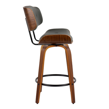 Side view of the Lombardi bar stool, showcasing a curved wooden frame with a black cushioned seat and backrest, four wooden legs, and a circular black metal footrest.