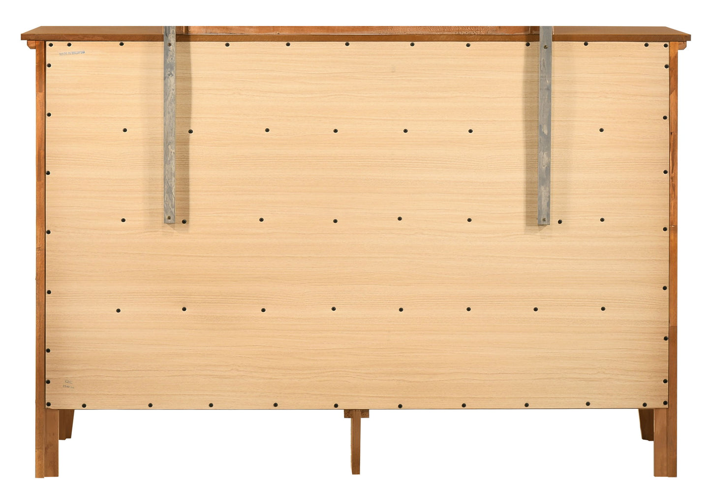Rear view of the Elegant Casual Dresser For Any Room showing a light-colored back panel with evenly spaced black screws, two vertical metal support brackets, and visible frame and legs.