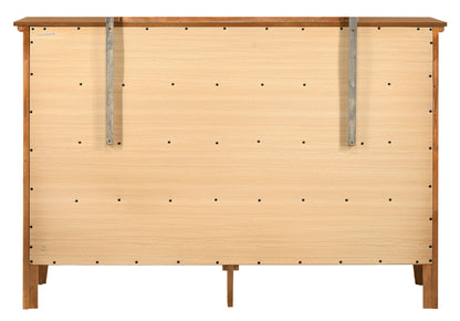 Rear view of the Elegant Casual Dresser For Any Room showing a light-colored back panel with evenly spaced black screws, two vertical metal support brackets, and visible frame and legs.