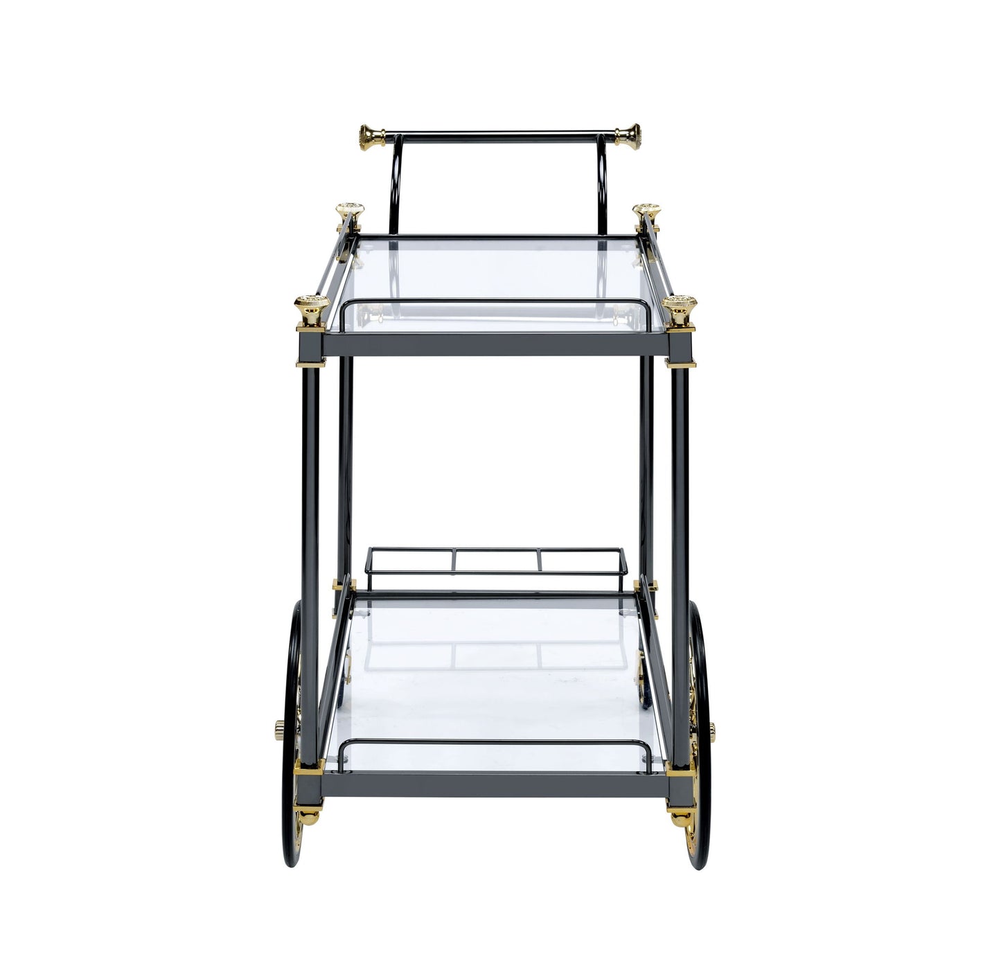 Front view of the Cyrus Clear Glass Serving Cart in black and gold, featuring two glass shelves, large back wheels, small front legs, and a top handlebar.