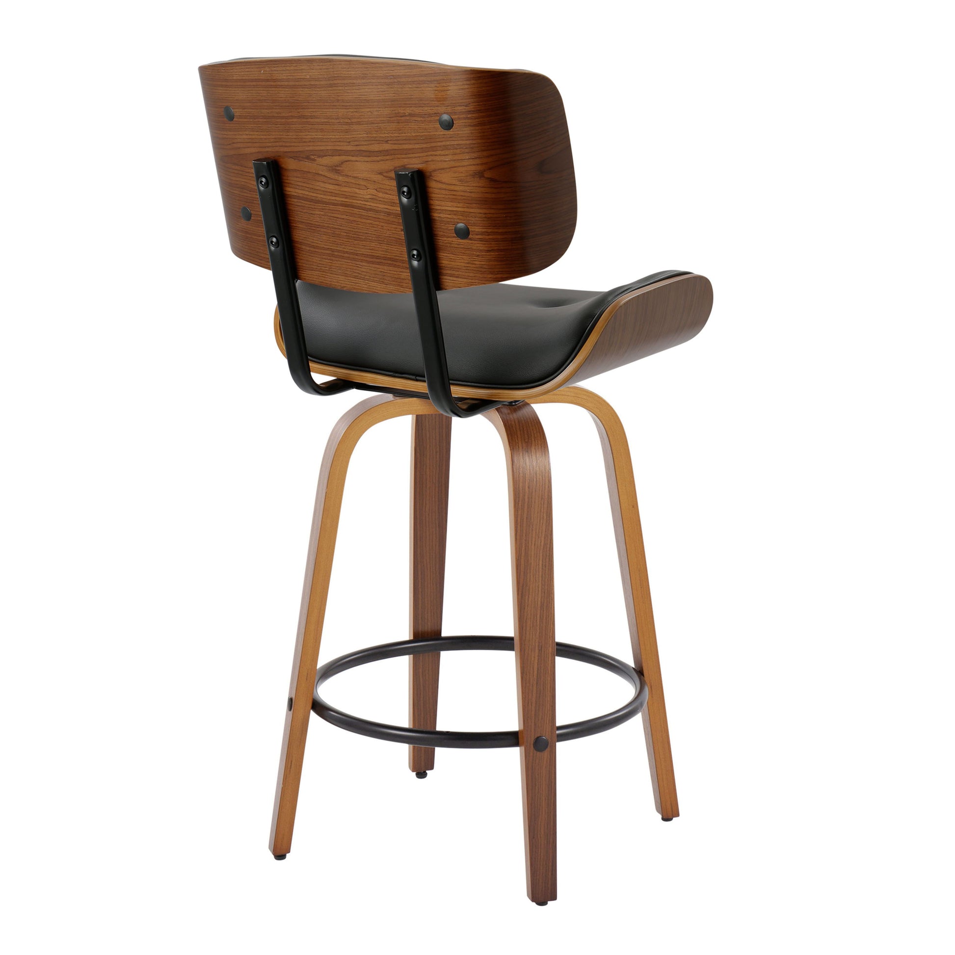 The Lombardi Mid-Century Modern Counter Stool features a curved backrest and seat with black upholstery, black metal supports, and a circular footrest connecting four angled wooden legs. It is seen from the back and comes in a set of two with swivel functions.