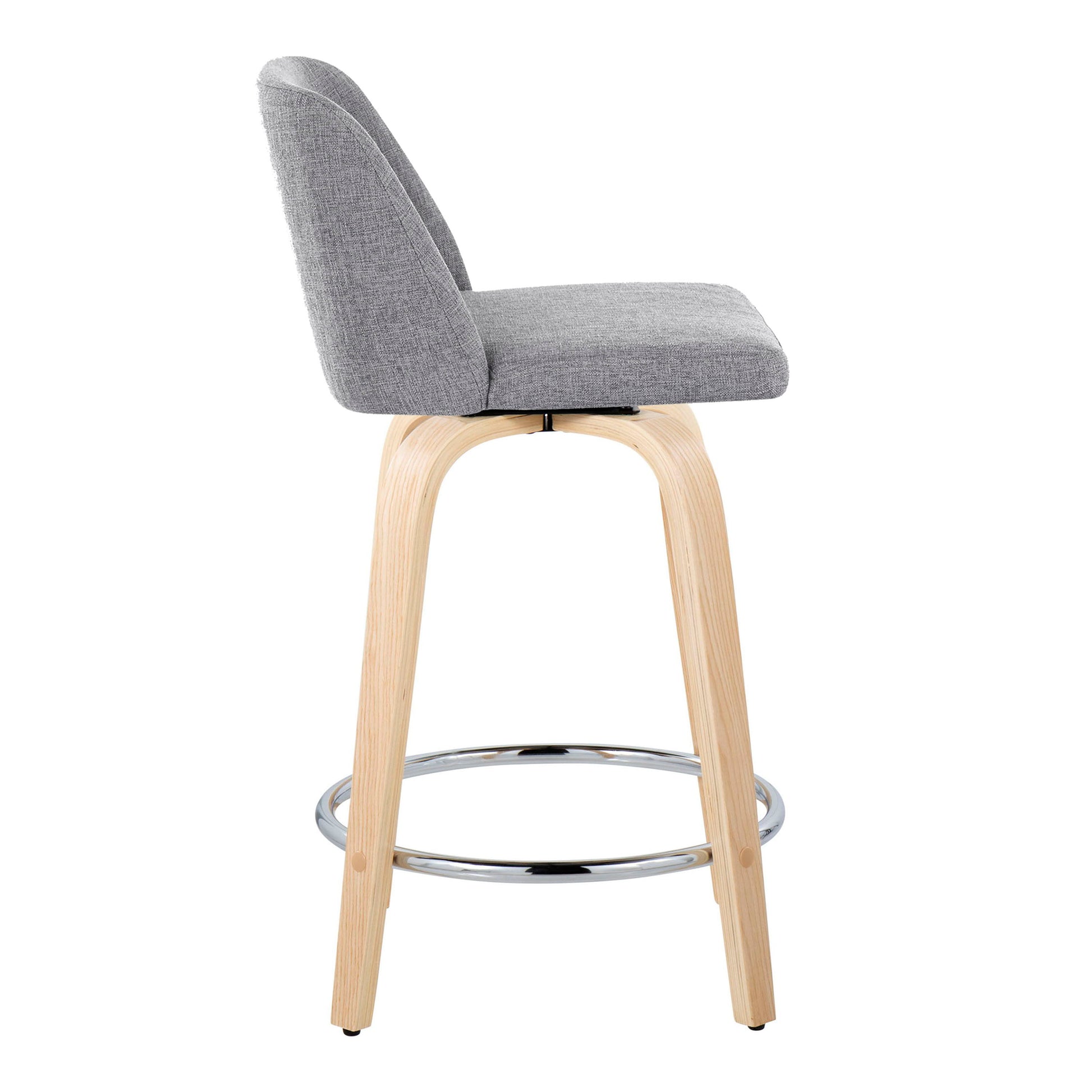 Side view of the Toriano Contemporary Counter Stool featuring a light gray cushioned seat and backrest, light wood legs, a swivel design, and a round chrome footrest. Comes as a set of 2.