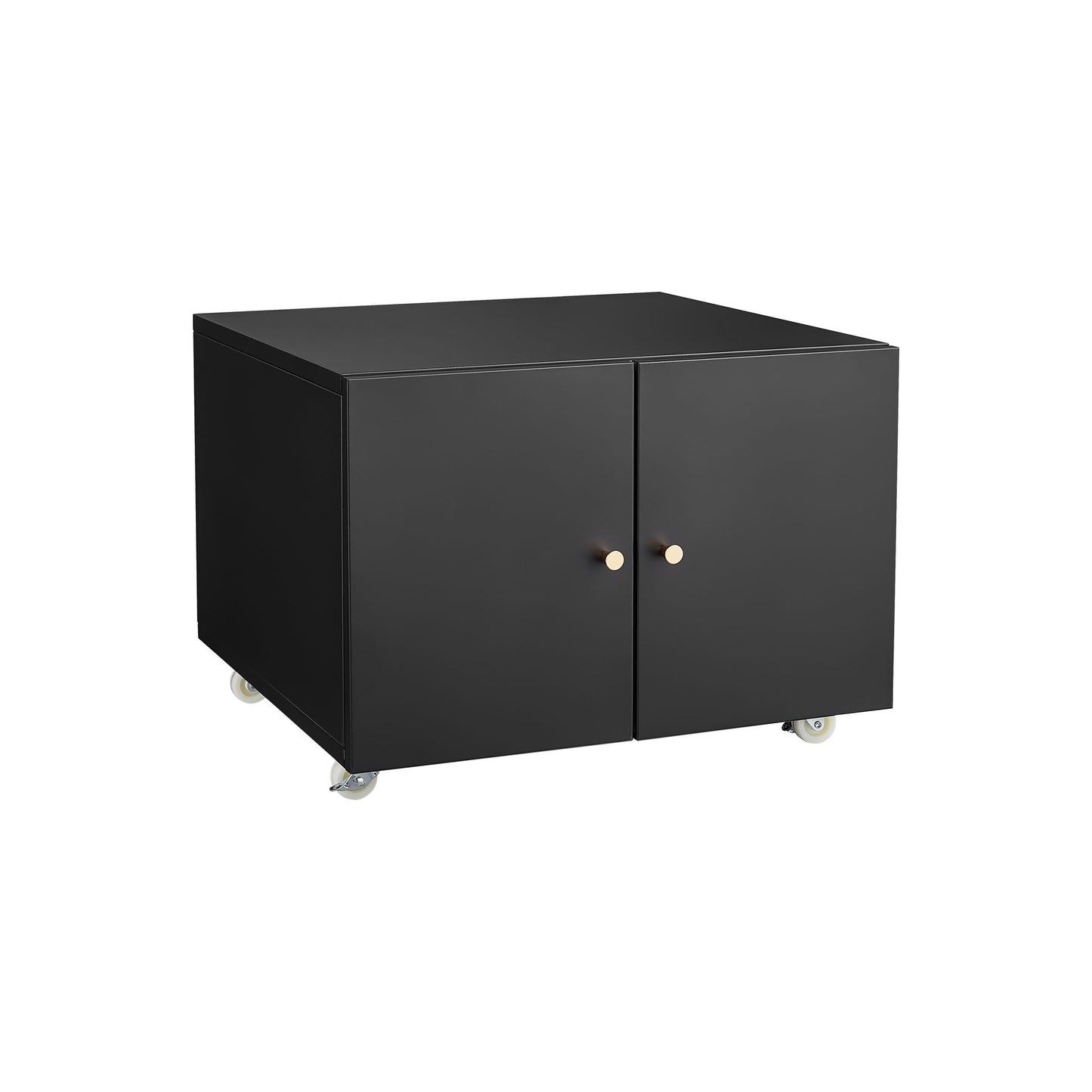 The Office Furniture Copier Cabinet is a black, rectangular, 2-door steel copier stand with small round handles and four caster wheels, shown against a white background.