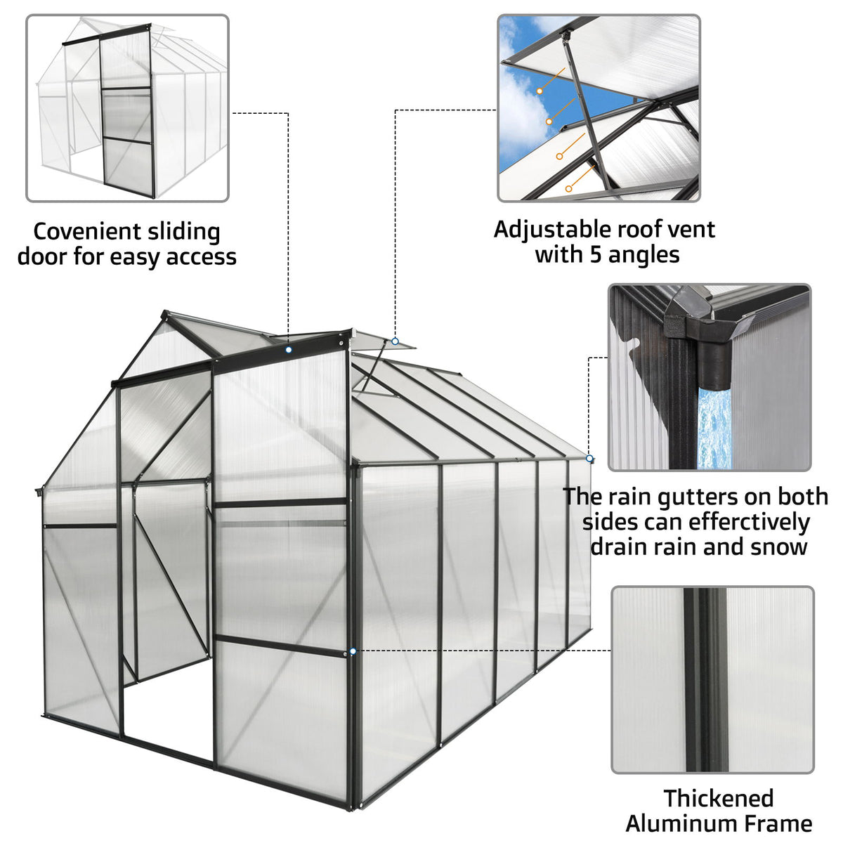 Polycarbonate house Raised Base And Anchor Aluminum Heavy Duty Walk-In houses For Outdoor Backyard In All Season