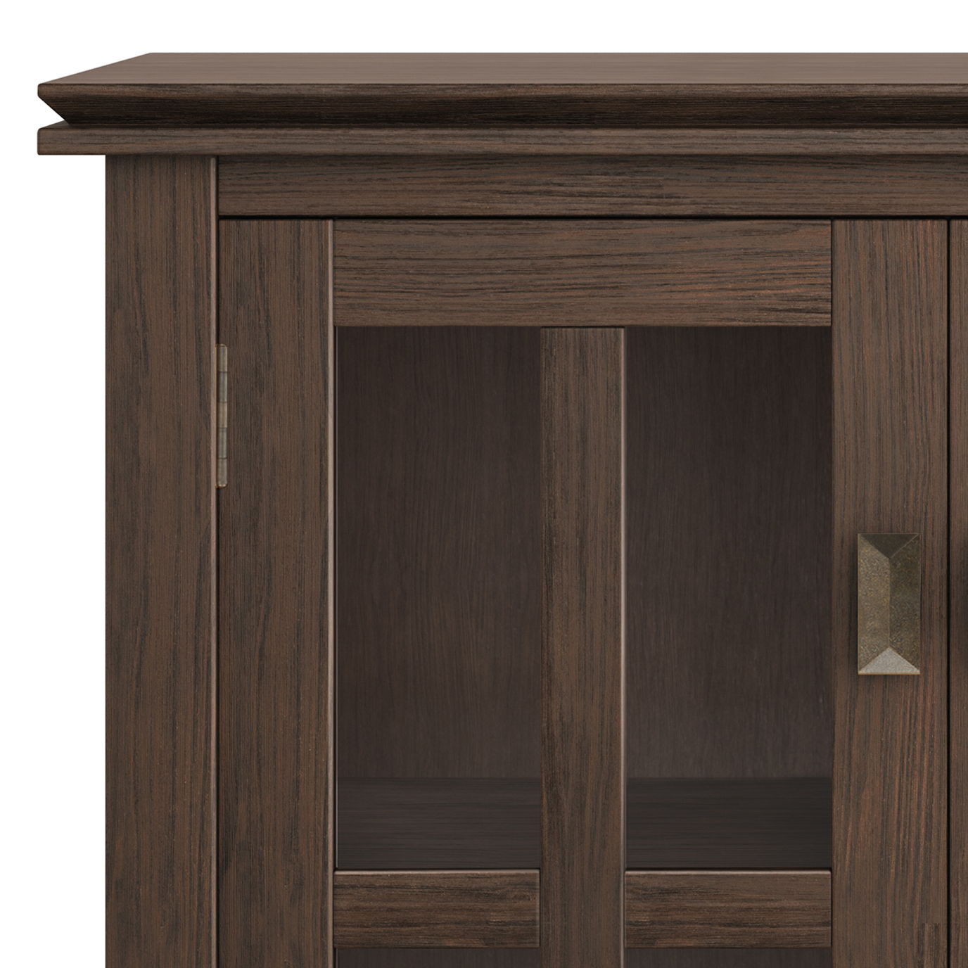 Close-up of the Artisan - Handcrafted Low Storage Cabinet featuring dark wood, glass-paneled doors, a rectangular metal handle on the right door, and simple modern design. Interior shelves are visible through the glass.