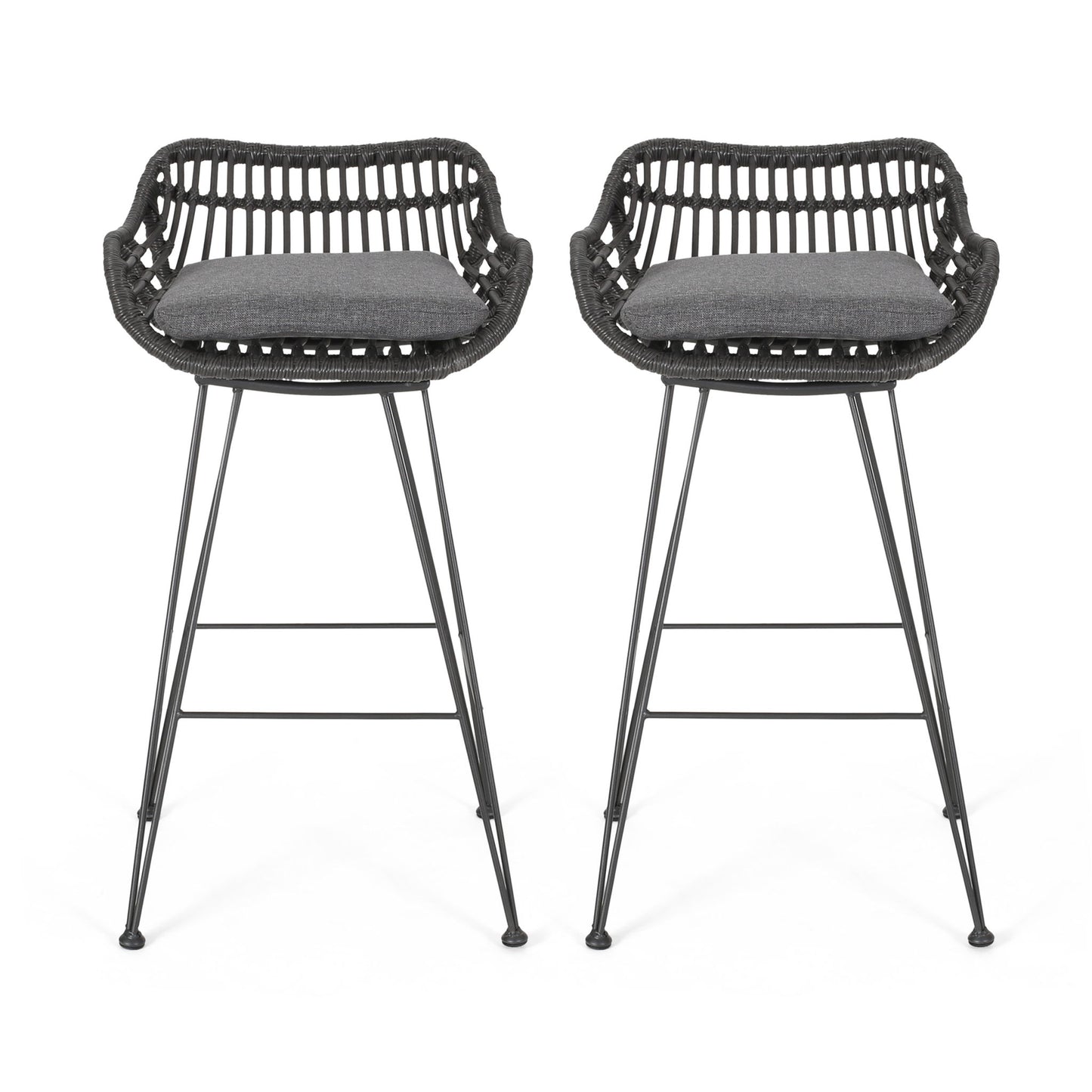 The Outdoor Rattan Bar Chair With Metal Legs features a woven rattan-style back, armrests, black metal legs, and dark gray seat cushions. Two chairs are shown facing forward on a white background.