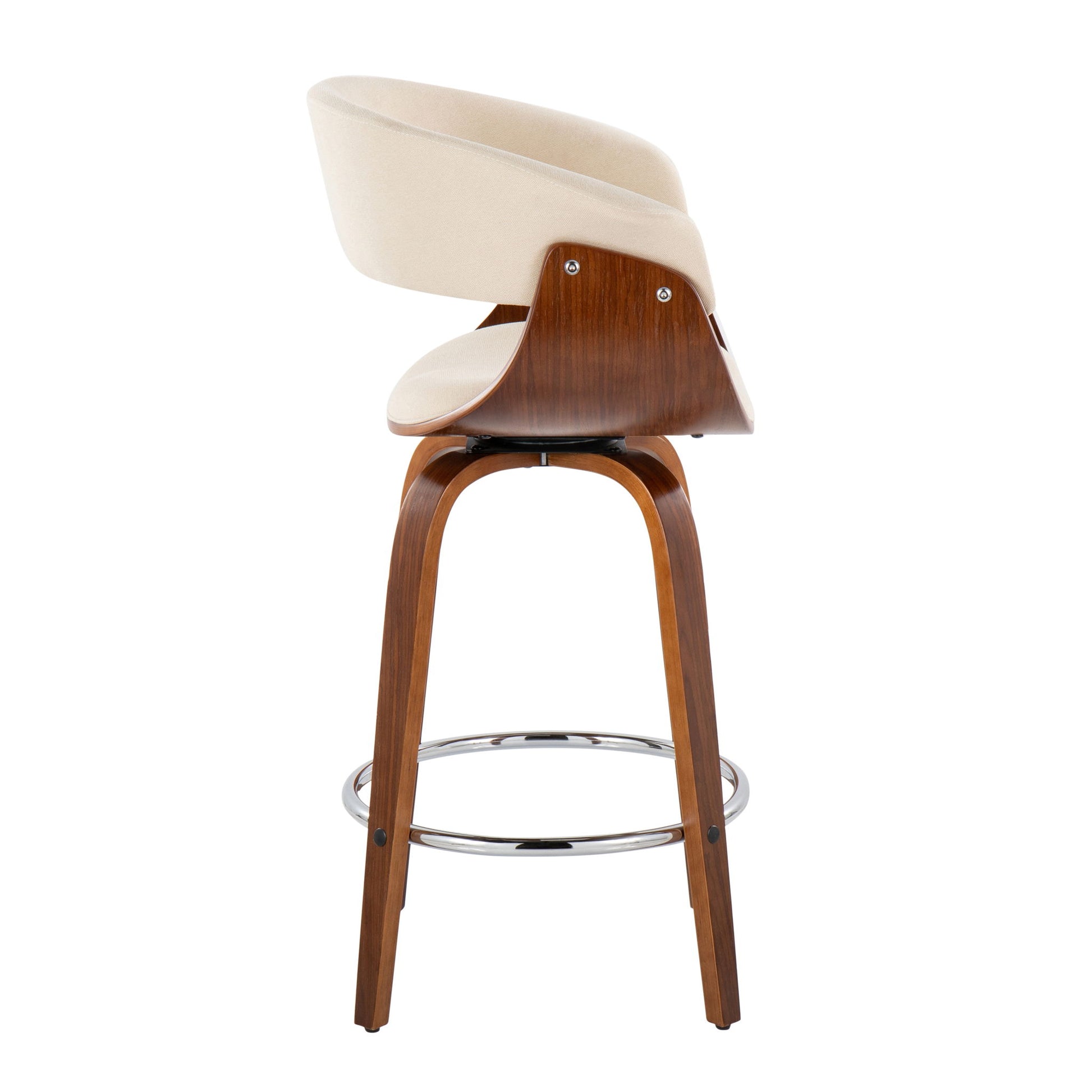 The Vintage Mod Mid Century Modern Fixed Height Counter Stool features a curved beige upholstered seat, walnut-finished wooden frame, four angled legs, and a round chrome footrest; shown here from the side. Sold as a set of 2.