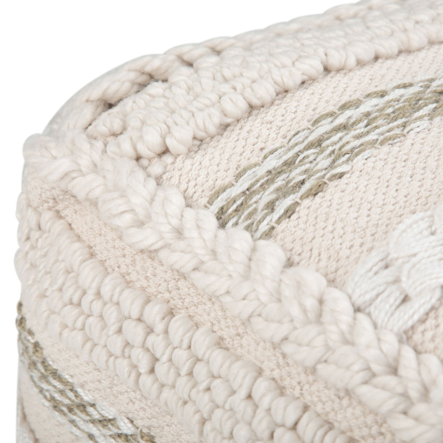 Close-up of Sommer - Handcrafted Square Pouf, featuring textured cream-colored woven fabric with thick, chunky yarn and subtle beige and tan geometric accents.