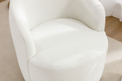 Close-up of the Chenille Fabric Swivel Accent Armchair Barrel Chair with a powder-coated metal ring, featuring modern curved design in off-white upholstery, set on a light floor and highlighted by natural light.