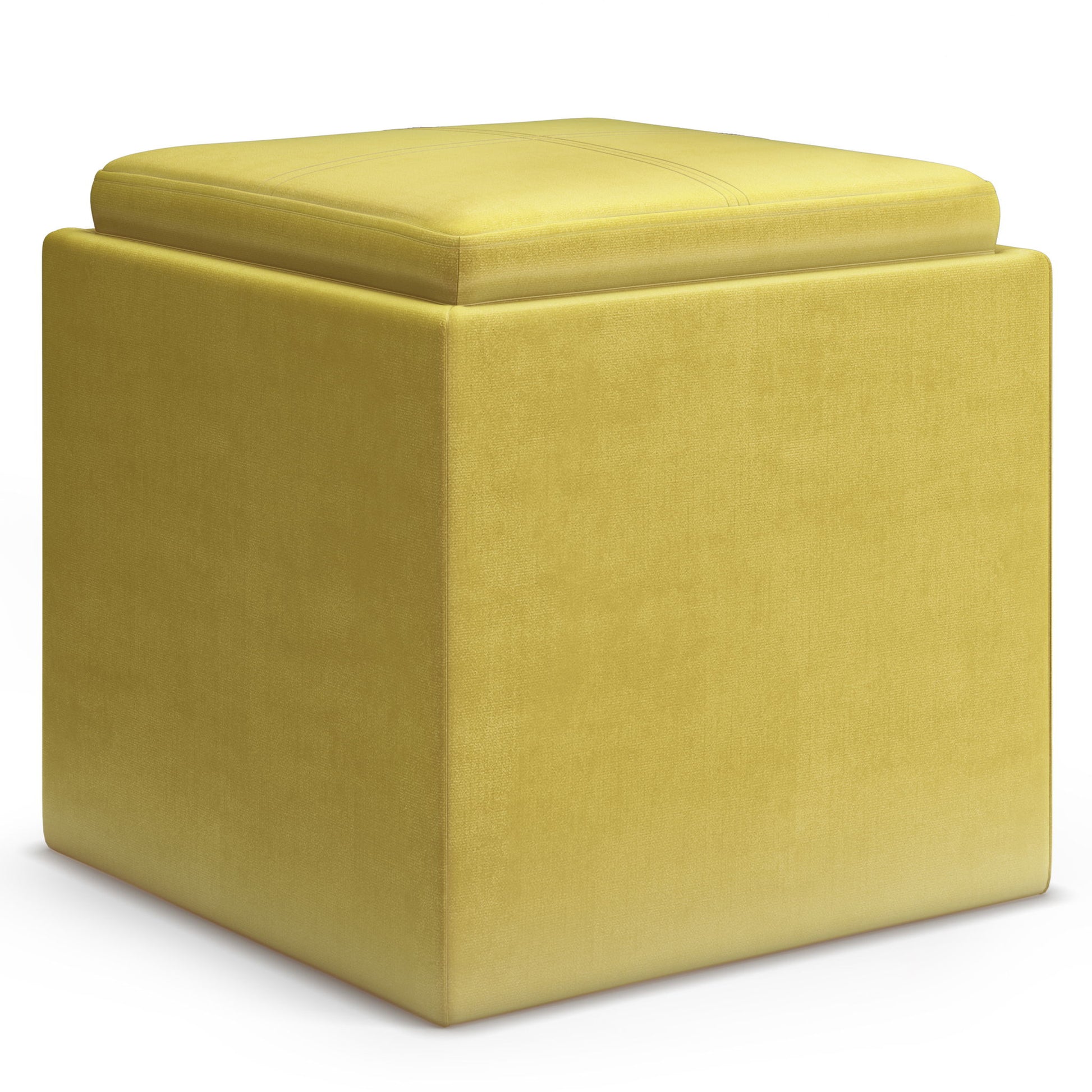 The Rockwood Upholstered Cube Storage Ottoman With Tray is a yellow, cube-shaped ottoman with a soft upholstered surface and flat cushioned top, shown against a white background.