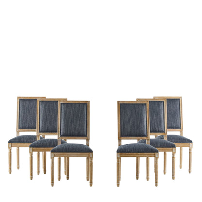 Six French Country Style Dining Chairs with upholstered seating and fluted legs, featuring square dark blue seats and backs, are grouped in twos of three and arranged against a white background.